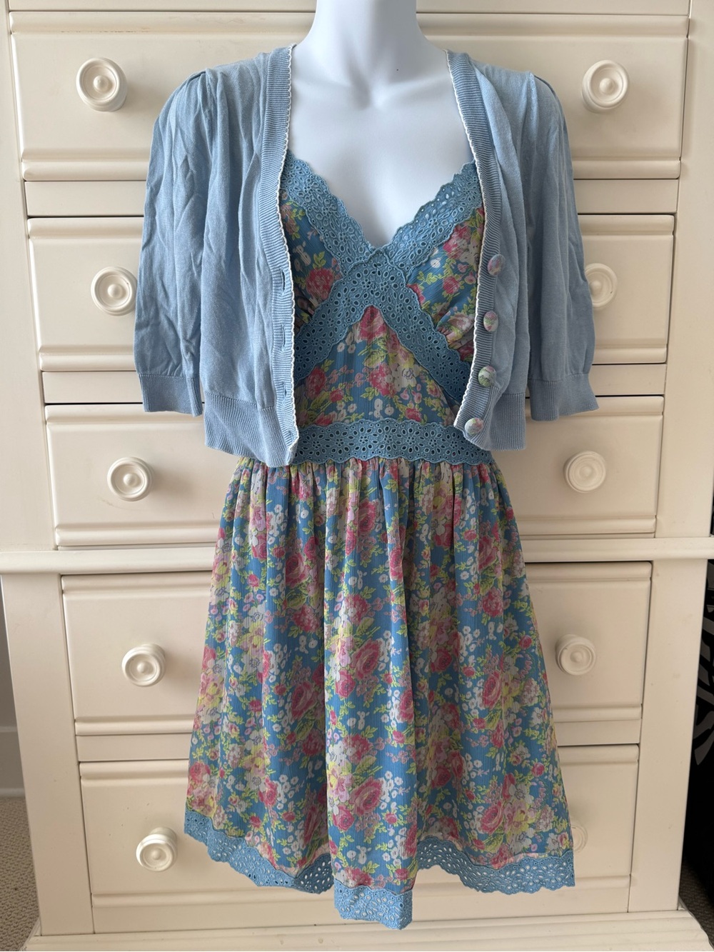 Betsey Johnson Dusty Blue Eyelet Lace Dress with matching cropped top